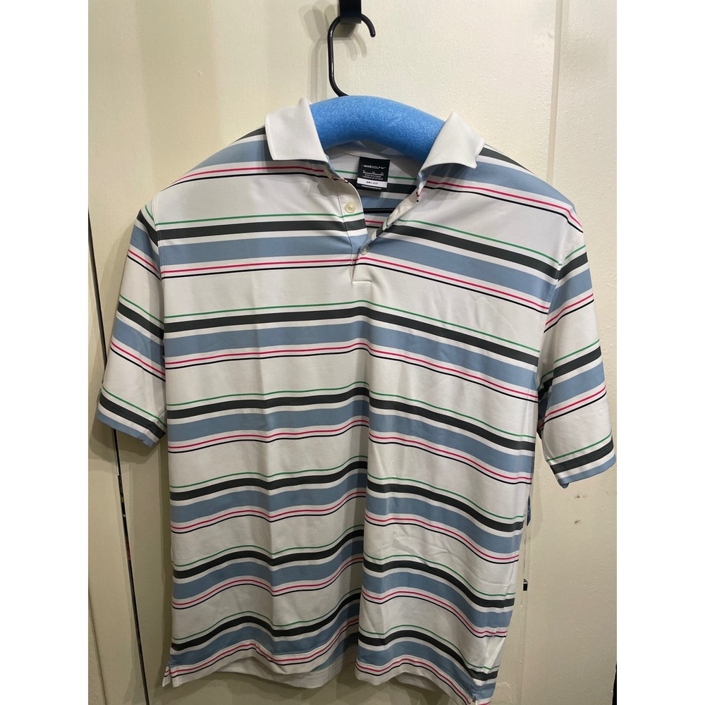 Nike Golf Performance Dri-FIT Polo Shirt Mens Striped Multi-Color Blue White - Picture 1 of 5